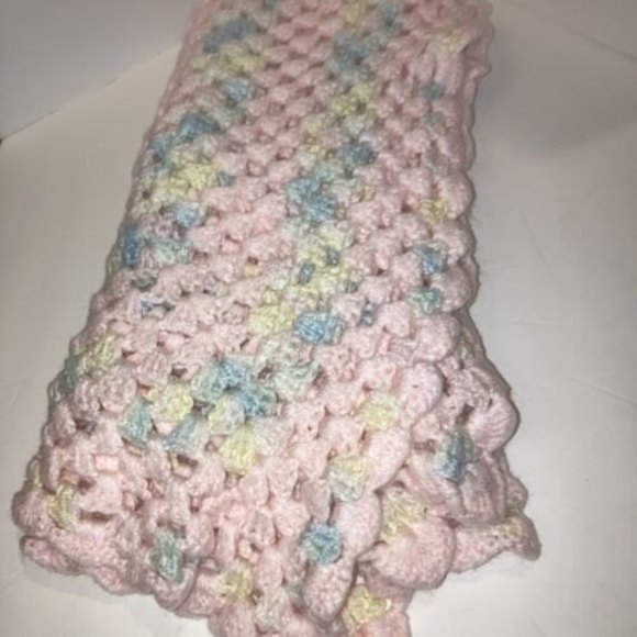 Hand Crocheted Baby Blanket Pink Blue and Yellow VGUC - Picture 4 of 4